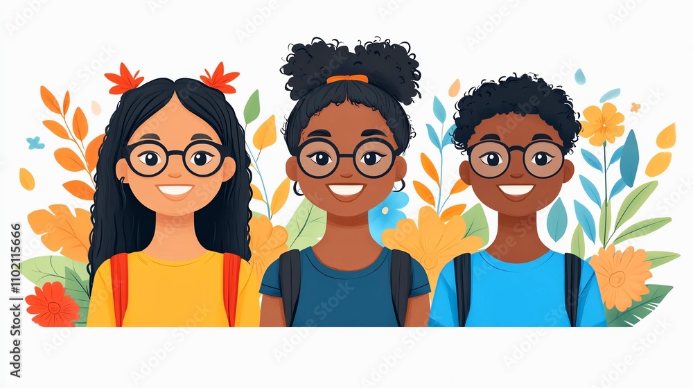 Illustration of three smiling children with glasses, surrounded by colorful leaves and flowers, showcasing diversity and friendship. Illustration of three smiling children with glasses, surrounded by colorful leaves and flowers, showcasing diversity and friendship.