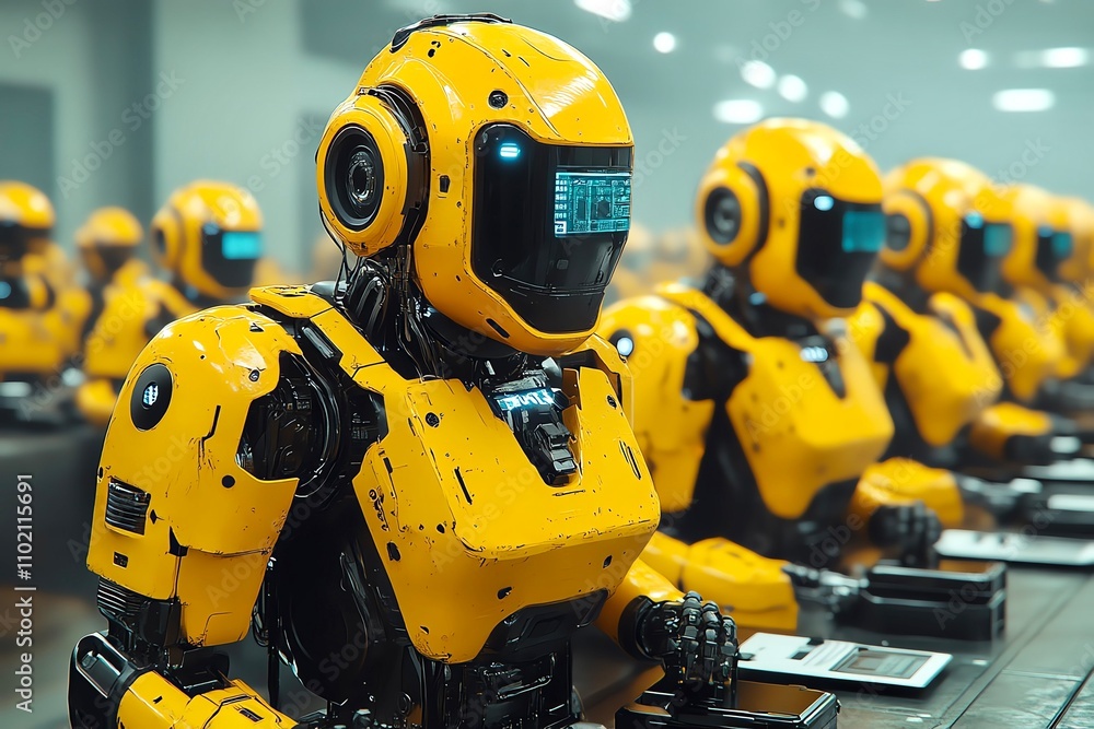Line of futuristic yellow robots working in unison at a high-tech factory setting. Line of futuristic yellow robots working in unison at a high-tech factory setting.