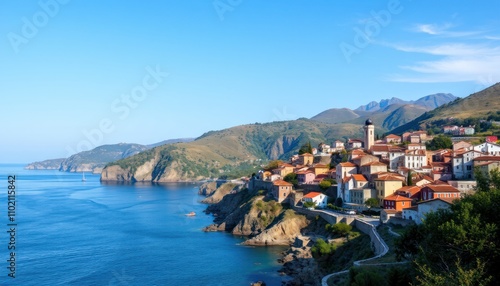 Coastal village nestled on a hillside overlooking the sea under a clear blue sky.