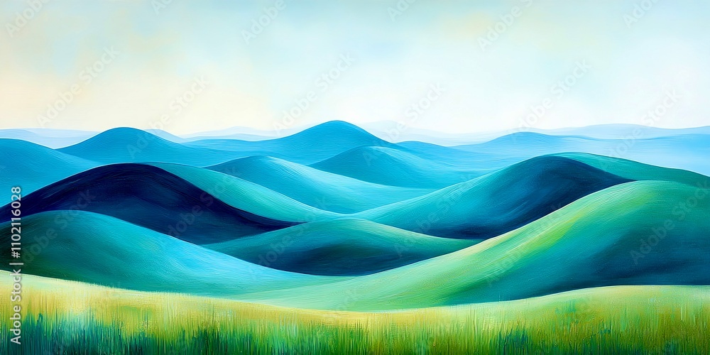 Serene abstract landscape with rolling blue and green hills under a soft sky, evoking tranquility and natural beauty. Serene abstract landscape with rolling blue and green hills under a soft sky, evoking tranquility and natural beauty.