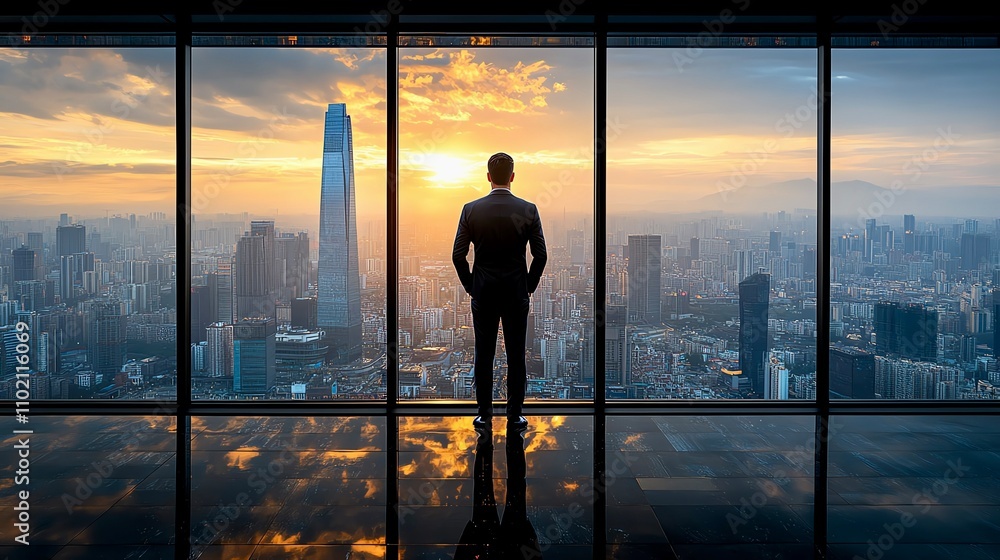 Silhouette of a businessman overlooking a cityscape at sunset through large windows, representing ambition and success. Silhouette of a businessman overlooking a cityscape at sunset through large windows, representing ambition and success.