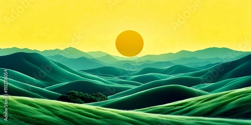 Serene sunset over rolling green hills creates a tranquil and calming landscape scene with soft yellow sky. photo