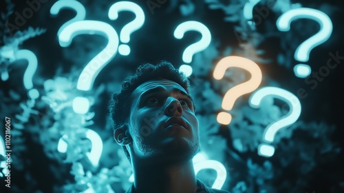 A young man is searching for a solution in the dark and is surrounded by many glowing question marks hovering above his head. photo