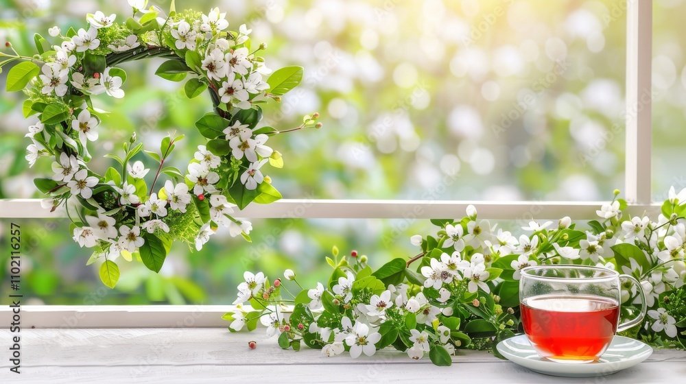 Charming porch scene with a spring wreath, blooming flowers, and a relaxing cup of tea Charming porch scene with a spring wreath, blooming flowers, and a relaxing cup of tea