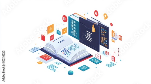 Open Book with Floating Icons Representing Knowledge, Learning, Data, and Technology