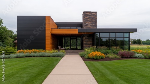 Inviting modern house with lush green lawn and picturesque walkway modern