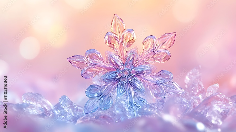 Fototapeta premium Vibrant holographic snowflake glowing in pastel tones for a clean winter aesthetic