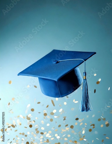 A blue graduation cap suspended in mid-air, surrounded by a burst of colorful confetti