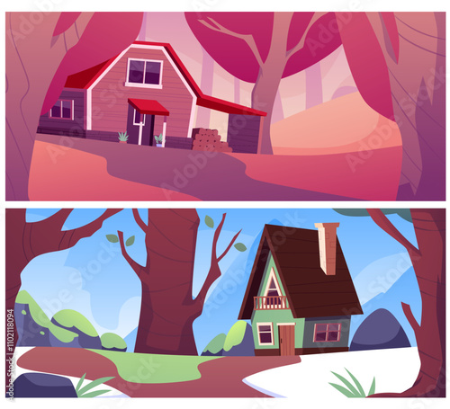 Vector set of illustrations of wooden houses in seasonal forest landscapes.