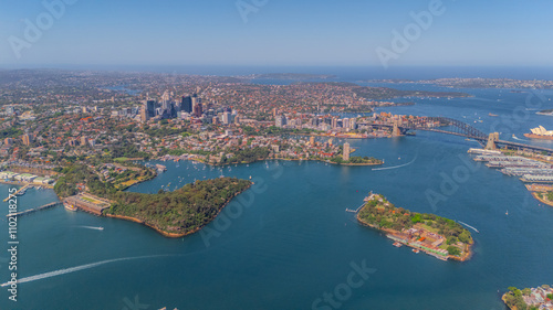 Aerial View of Sydney Harbour Balmain Darling harbour Sydney CBD cockle Bay Wharf North Sydney harbour bridge Lavender Bay Milsons Point Manly on a warm summer day blue skies 