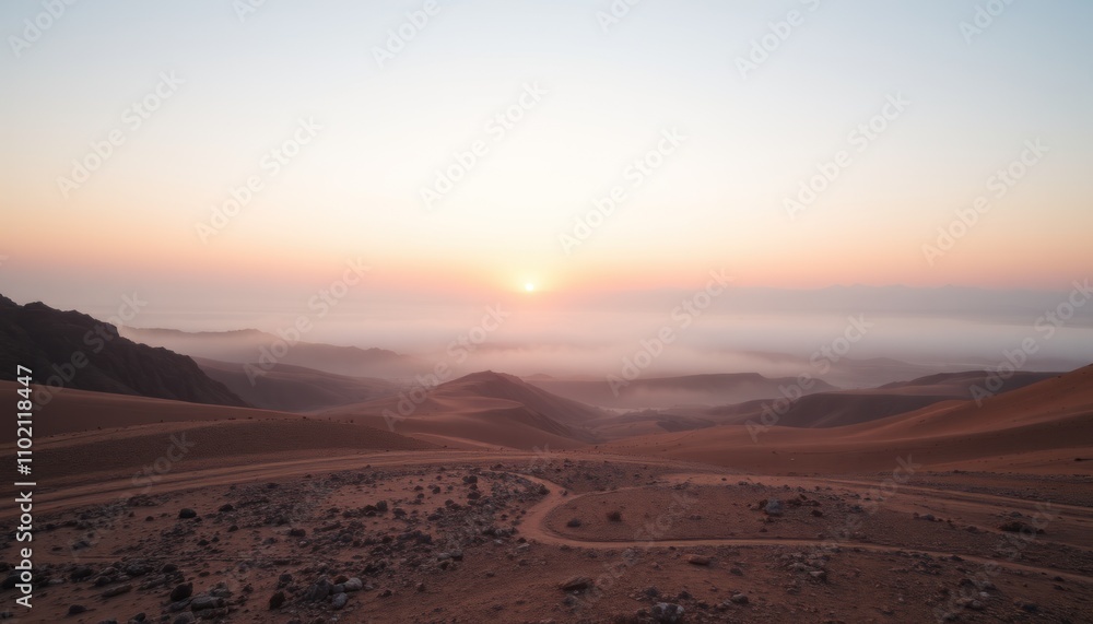 Fototapeta premium Desert sunrise with fog rolling over sand dunes.