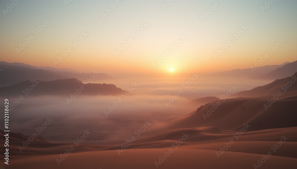 Desert sunrise with fog-covered mountains. Desert sunrise with fog-covered mountains.