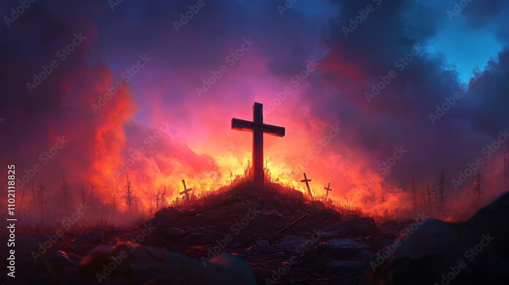 Crosses stand amidst fiery flames under a dramatic sky at twilight in a post-apocalyptic landscape Crosses stand amidst fiery flames under a dramatic sky at twilight in a post-apocalyptic landscape