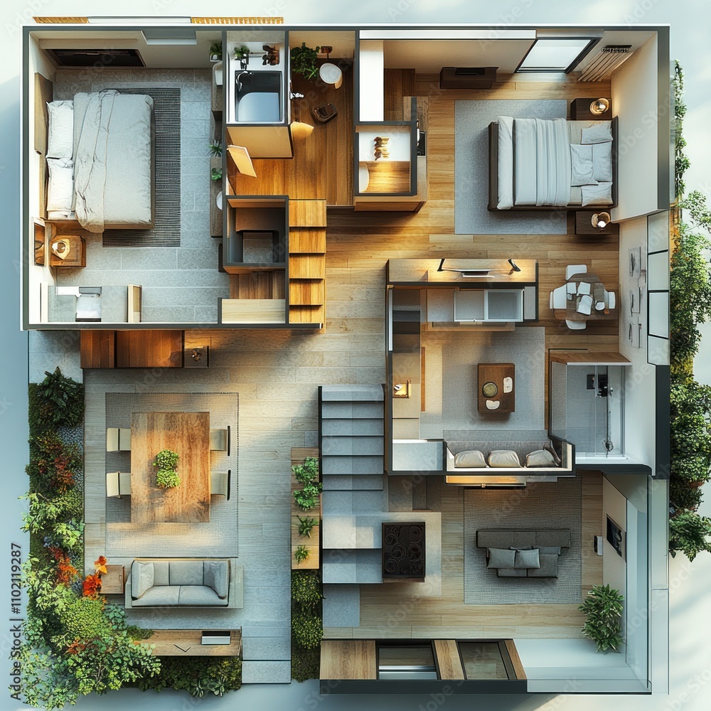 Modern Two Bedroom Home Floor Plan With Outdoor Garden Modern Two Bedroom Home Floor Plan With Outdoor Garden