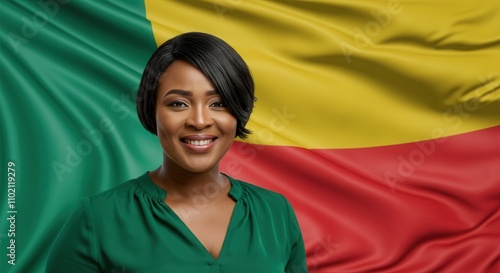 Portrait of a smiling woman with benin flag background illustrating national pride and cultural connection photo