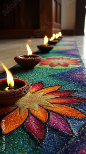 Festive diwali vibe colorful rangoli and glowing oil lamps indoors photo