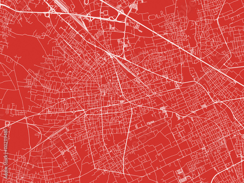 Christmas Map of Busto Arsizio, Italy in Snowy White on Festive Red Background.