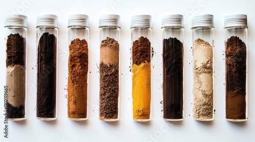 Soil samples with different textures and colors lined up for comparative study