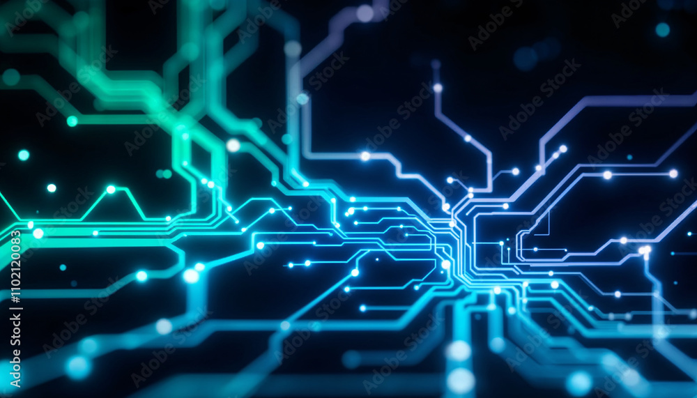 High-tech digital circuitry illuminated with blue and green hues connecting various pathways and nodes in a futuristic design showcasing the complexity of electronic networks High-tech digital circuitry illuminated with blue and green hues connecting various pathways and nodes in a futuristic design showcasing the complexity of electronic networks