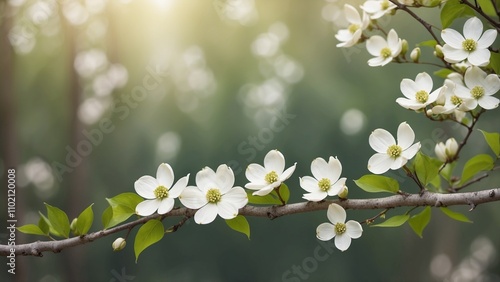 White dogwood flowers on tree branch outdoor wallpaper background