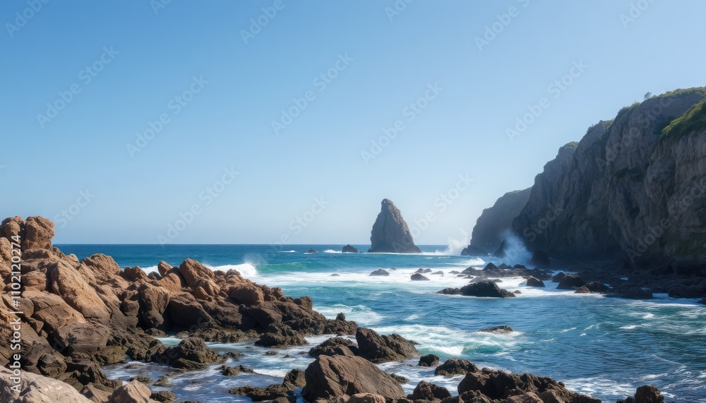 Dramatic coastal scene with rocky cliffs, ocean waves crashing against rocks, clear blue sky. Dramatic coastal scene with rocky cliffs, ocean waves crashing against rocks, clear blue sky.