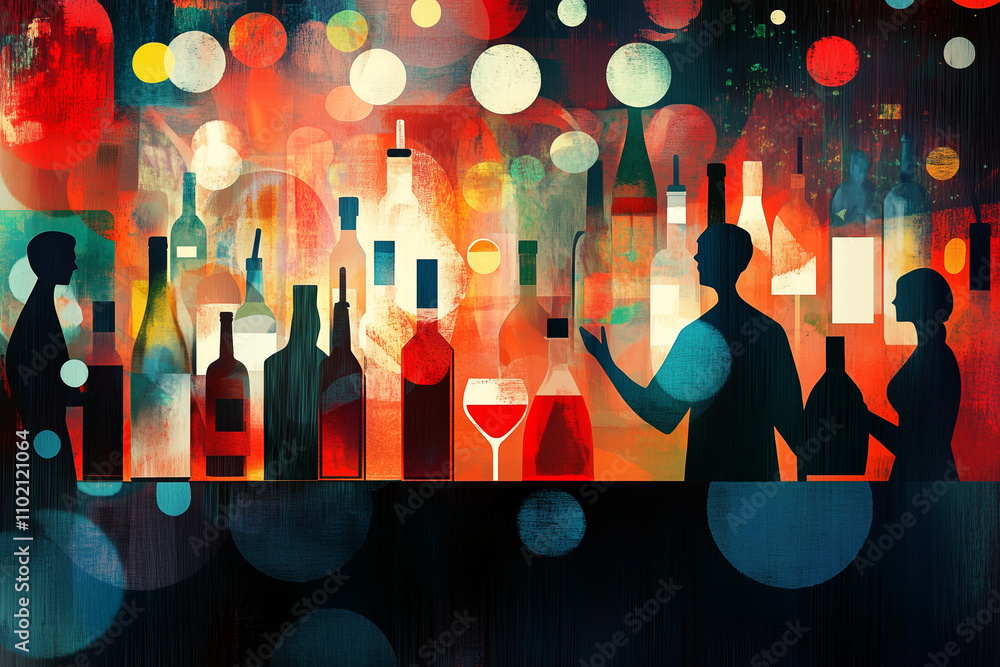 Illustration of a people in a bar at a night party, abstract and artistic collage Illustration of a people in a bar at a night party, abstract and artistic collage