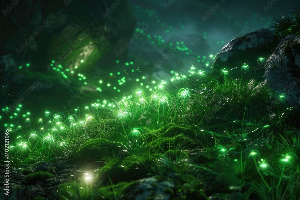 Obraz premium Glowing Green Plants in a Dark Forest