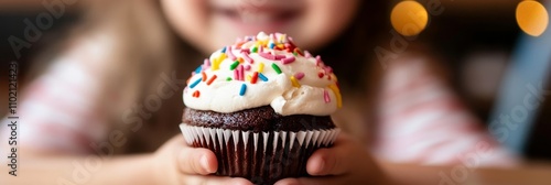 Child's Joy: Birthday Cupcake Delight - A child happily holds a delicious, colorful cupcake at a birthday party, symbolizing joy, celebration, sweetness, childhood, and festive treats. photo