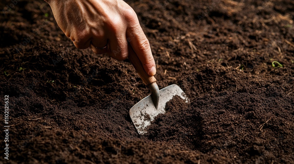 Garden soil being prepared with a trowel, ready for planting flowers or vegetables Garden soil being prepared with a trowel, ready for planting flowers or vegetables