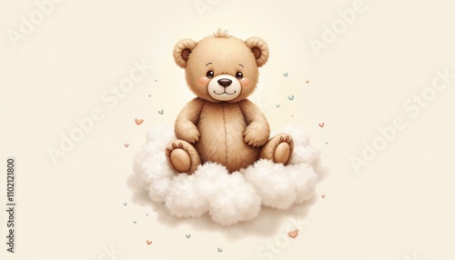 Cute teddy bear sitting on fluffy cloud with hearts