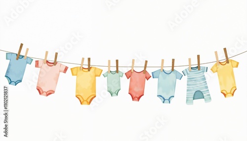 Colorful baby onesies hanging on a clothesline