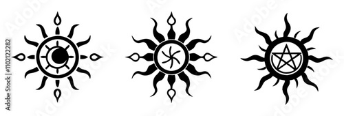 Pagan sun icon set featuring three unique sun symbols in black on a white background