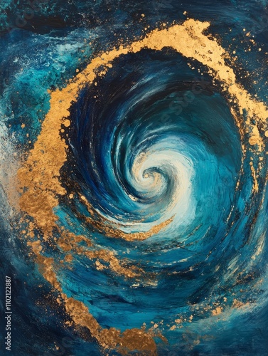 Cosmic Swirl: Abstract Ocean Vortex with Gold Accents - Abstract cosmic swirl painting, symbolizing creation, energy, infinity, the universe, and ocean power.  Deep blues and golds create a mesmerizin photo