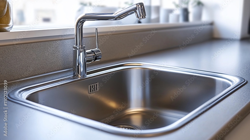 Modern stainless steel kitchen sink and chrome faucet.