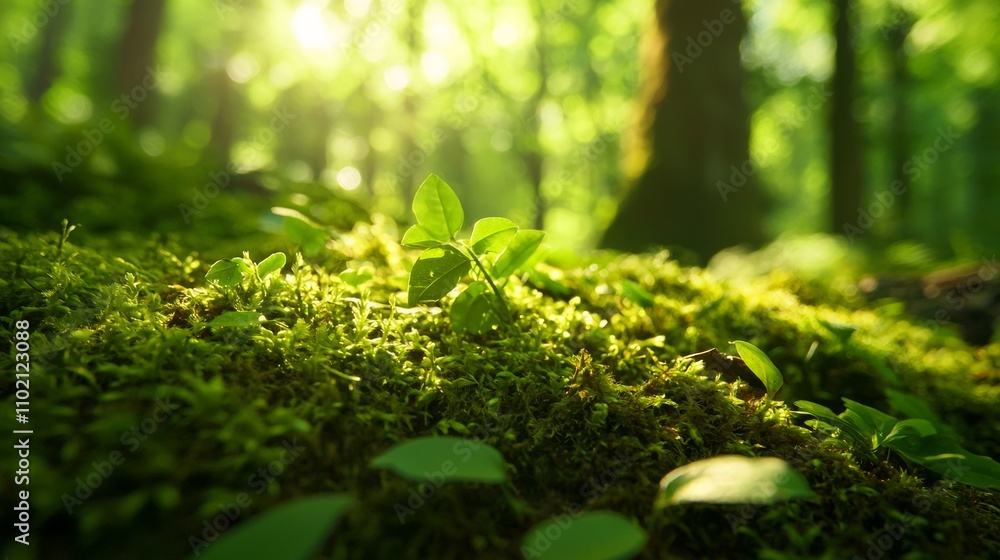 Fototapeta premium Young green plant growing on mossy forest floor with sunlight