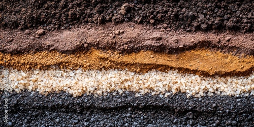 Layered soil with different textures, demonstrating the diversity of particles and minerals photo