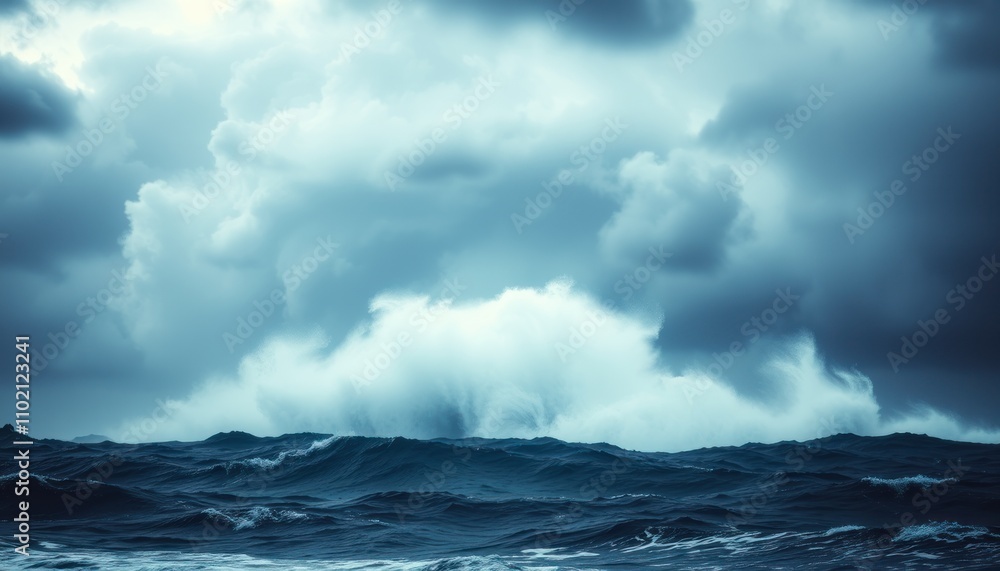 Fototapeta premium Dramatic ocean waves crashing under a stormy sky.