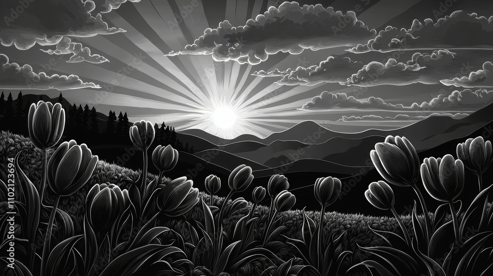 Obraz premium Elegant botanical illustration of tulips and stems detailed black-and-white engraving showcasing timeless floral charm and natural aesthetics