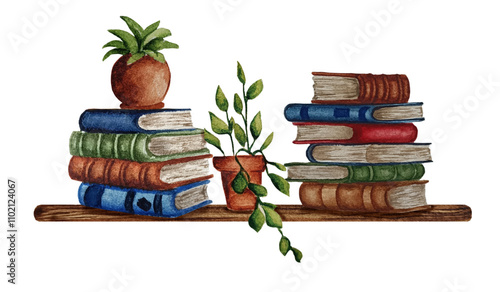 Watercolor books shelf with house pot plants. Library book rows, stacks and plants on bookcase. Bookshop interior. Reading room in school, university, college. 