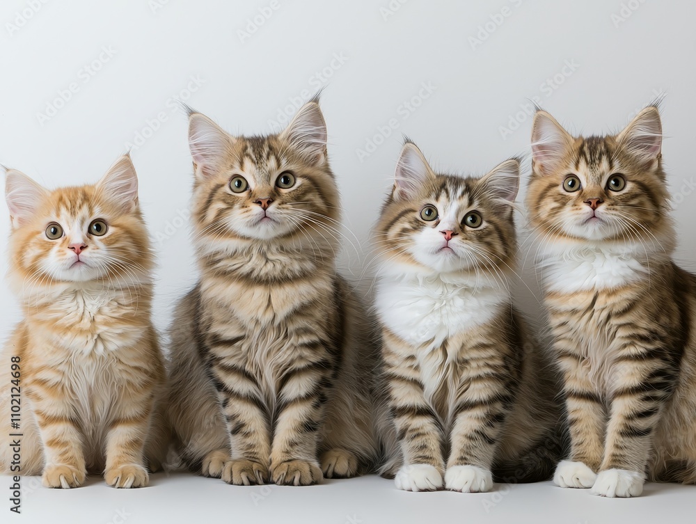 Adorable Fluffy Kittens in Harmonious Row on Soft Gray Background, Cute Feline Pets in Serene Composition for Pet Websites and Calendars Adorable Fluffy Kittens in Harmonious Row on Soft Gray Background, Cute Feline Pets in Serene Composition for Pet Websites and Calendars
