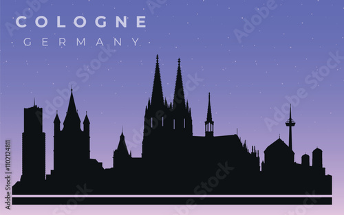 Cologne, Germany.  City skyline. Silhouettes of buildings. Vector on the background of the starry sky