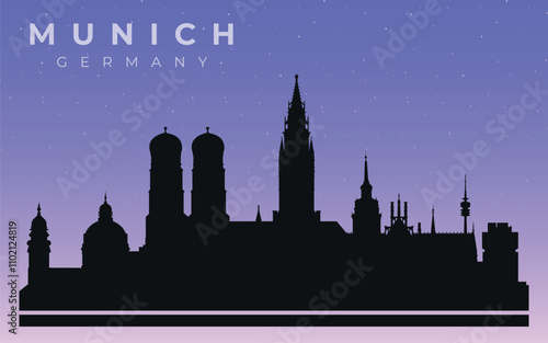 Munich, Germany.  City skyline. Silhouettes of buildings. Vector on the background of the starry sky