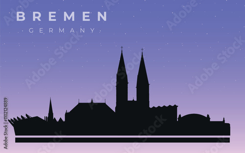 Bremen, Germany.  City skyline. Silhouettes of buildings. Vector on the background of the starry sky