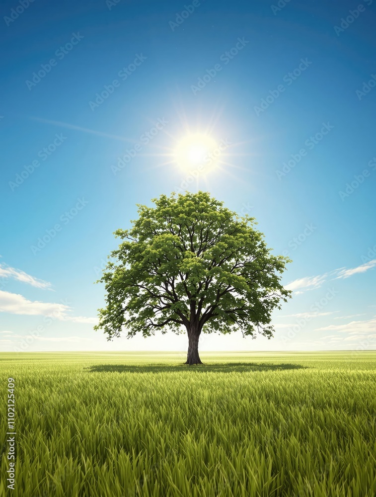 Fototapeta premium A lone tree standing tall in a vast open field under a bright sunny sky, freedom, sunlight, tree, landscape, open space