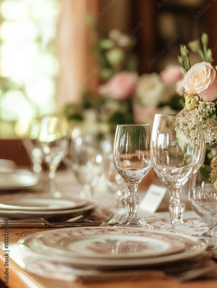 Elegant Dining Table Setting with Floral Decor - Beautifully set table, elegant glassware, floral centerpiece, fine china, romantic ambiance. Perfect for wedding, event, or restaurant stock photo. Elegant Dining Table Setting with Floral Decor - Beautifully set table, elegant glassware, floral centerpiece, fine china, romantic ambiance. Perfect for wedding, event, or restaurant stock photo.