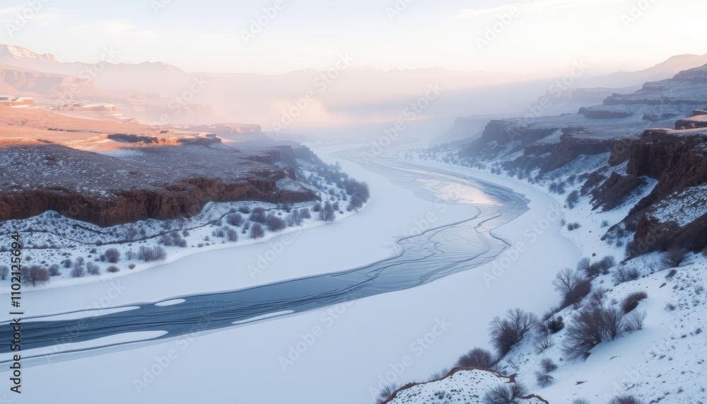 Frozen river winding through snow-covered canyon at sunrise. Frozen river winding through snow-covered canyon at sunrise.
