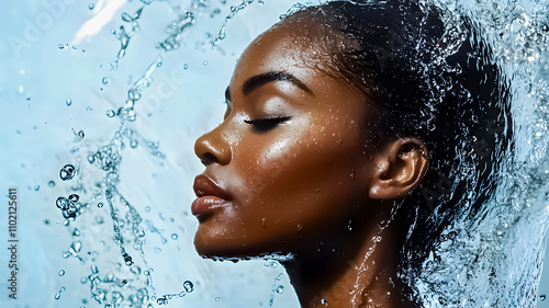 Profile of a woman with water splashing in the background. Skincare, wellness, and beauty hydration concepts