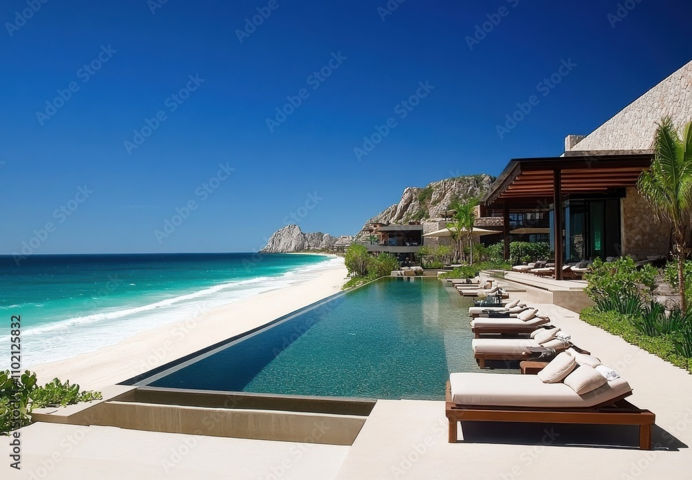 Fototapeta premium Serene Beachfront Villa with Stunning Ocean Views and Luxurious Pool Overlooking Sandy Shoreline in Cabo San Lucas, Mexico Under Bright Blue Sky