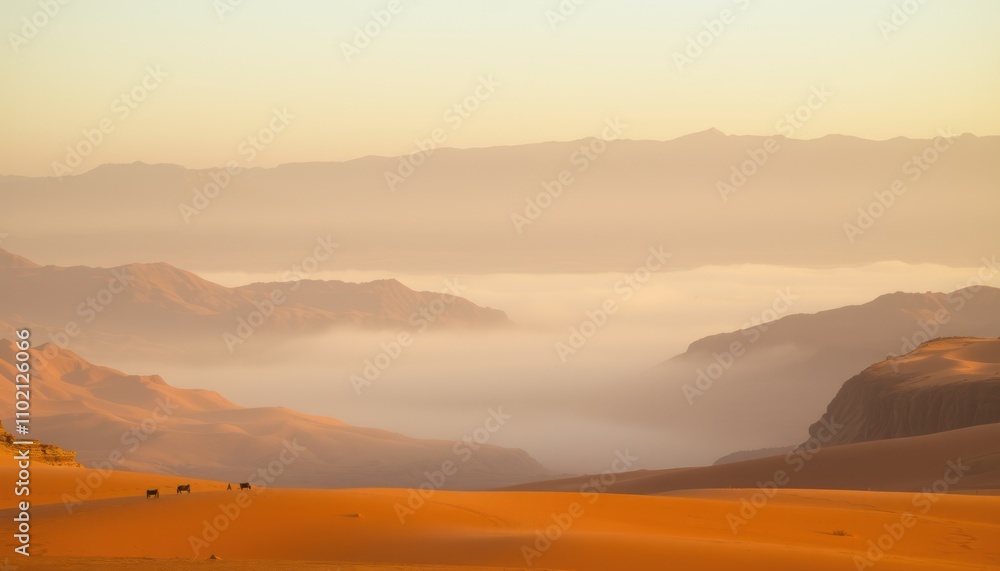Golden hour sunrise over desert landscape with low clouds and distant mountains, showcasing tranquil beauty. Golden hour sunrise over desert landscape with low clouds and distant mountains, showcasing tranquil beauty.
