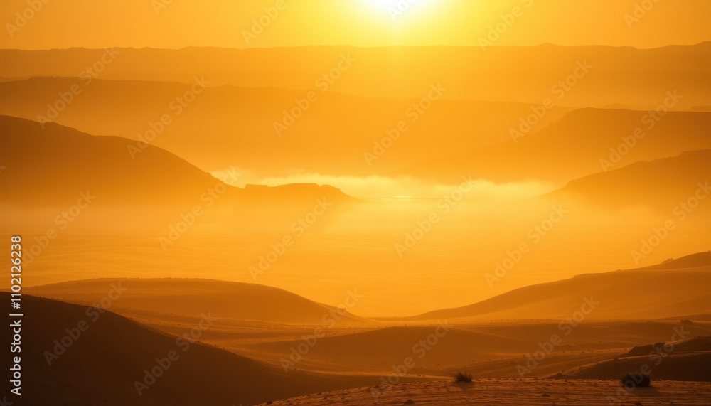 Golden sunrise over misty valley landscape. Golden sunrise over misty valley landscape.
